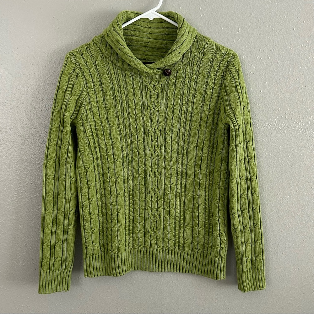 Jeanne Pierre Green Cable Knit Pullover Sweater Sz S Cotton Shawl Collar Button